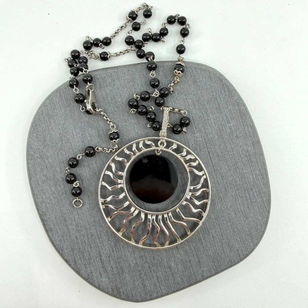 Sterling Silver 925 Celestial Black Onyx Sun Pendant Necklace Gothic Layering